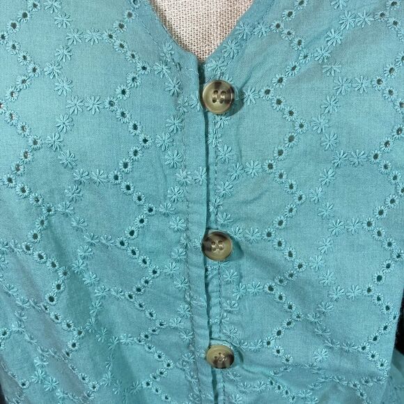NWT Front Tie Eyelet Button Down Teal Top - Picture 4 of 13